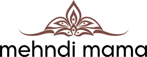 Rectangular 'mehndi mama' logo with a decorative design on a white background